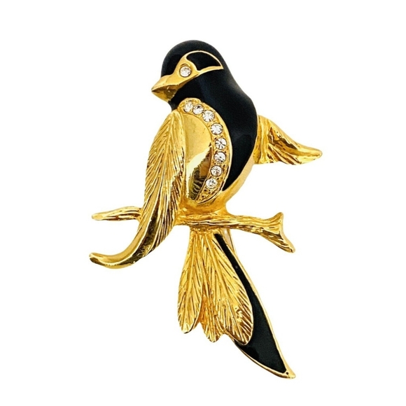 VINTAGE CARVEN UNSIGNED BIRD ENAMELED BROOCH IN BLACK AND GOLD - Picture 1 of 10